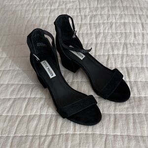 Steve Madden Black Suede Open-Toe Block Heels with Ankle Strap